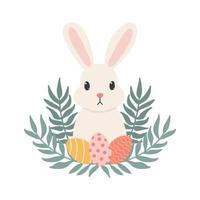 Vector illustration isolated on white background. Cute pink easter bunny with eggs and plants.