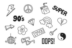 A set of hand-drawn elements in the fashionable style of the 90s, 2000s. Y2K doodles isolated on a white background. vector