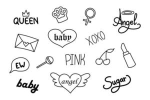 A set of hand-drawn elements in the fashionable style of the 90s, 2000s. Y2K doodles isolated on a white background. vector