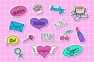 A set of hand-drawn elements in the fashionable style of the 90s, 2000s. Y2K stickers are suitable for printing. vector