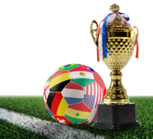 Golden football trophy with soccerball with worldwide contries png