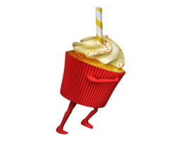 Fat cupcake with cream and candies run with legs and arms. 3d rendering png