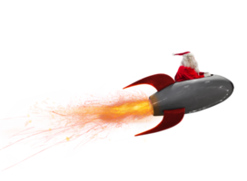 santa claus flies fast by a power rocket to deliver christmas gifts png