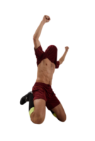 Football player exults and lifting his red soccer shirt png