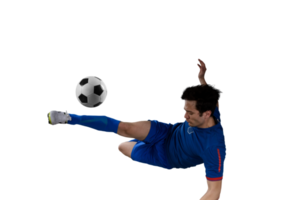 fechar acima do uma futebol açao cena com futebol jogador chutes uma bola de futebol png