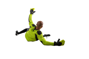 Soccer goalkeeper jumps to defend his team during a football game png