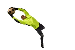 Goalkeeper catches the soccer ball during a football match png