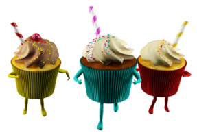 Fat cupcake with cream and candies run with legs and arms. 3d rendering png