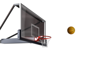 Basketball scene of a orange ball that is entering the basket. 3d rendering png