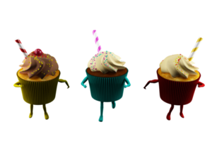 Fat cupcake with cream and candies run with legs and arms. 3d rendering png