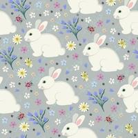 Vector seamless pattern with bunnies on pastel floral background.