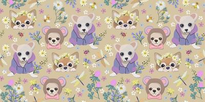 Vector seamless pattern with little dogs and flowers on light beige background.