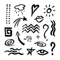 Hand-drawn dry brush imitation with signs and symbols. Abstract set with shapes. The figures are drawn with ink.Vector vector