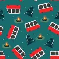 Seamless vector pattern with vintage camping trailers,  bonfire and pine trees on dark green background.