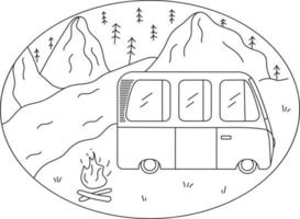 Nature camping bonfire and campervan mono line design for badge sticker patch t shirt design vector