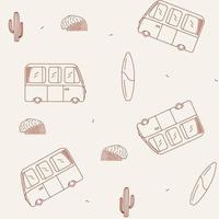 seamless pattern with campers, cacti, surfboards  and waves vector