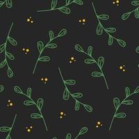 floral seamless pattern with green twigs and yellow berries on a dark background vector