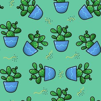 seamless pattern with cacti in a blue pot on a green background vector