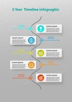 5 year timeline infographic vertical multi colored circles on a square with an icon in the center of the circle and a line with numbers. gray gradient background For business, planning, marketing