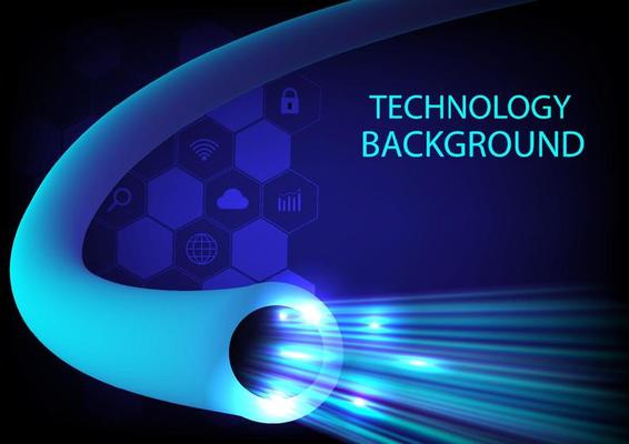 abstract background fiber optic technology beautiful curves The end of the cable has a luminous hexagonal bottom with several icons inside. on a blue gradient background
