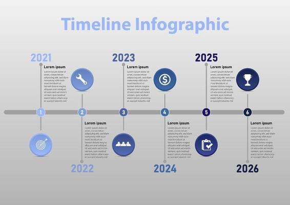 Timeline 6 years Infographic Blue circle with gray lines with circle numbers and icons for business planning, marketing, growth.on a gray gradient background