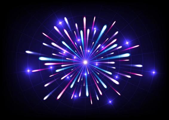 Abstract hi-tech backdrop There are bright multicolored glowing lights spread out from the center in a circle with polar grids and glowing dots in intersecting lines on a blue gradient background.