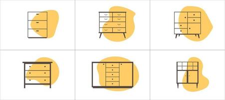 Set of six linear furniture chests of drawers icons. Vector illustration of dressers in a flat style.