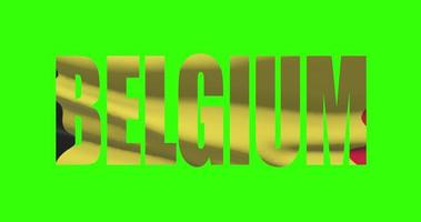 Bélgica país letras palavra texto com bandeira acenando animação em verde tela 4k. croma chave fundo video