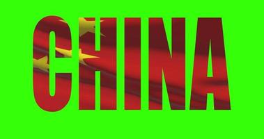 China country lettering word text with flag waving animation on green screen 4K. Chroma key background video