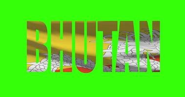 Bhutan land belettering woord tekst met vlag golvend animatie Aan groen scherm 4k. chroma sleutel achtergrond video
