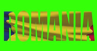 Roumanie pays caractères mot texte avec drapeau agitant animation sur vert écran 4k. chrominance clé Contexte video