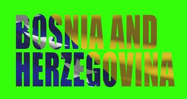bosnia e erzegovina nazione lettering parola testo con bandiera agitando animazione su verde schermo 4k. croma chiave sfondo video