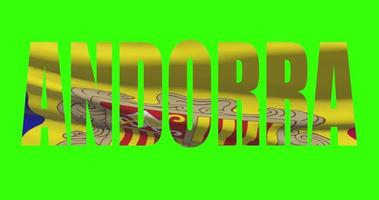 andorre pays caractères mot texte avec drapeau agitant animation sur vert écran 4k. chrominance clé Contexte video