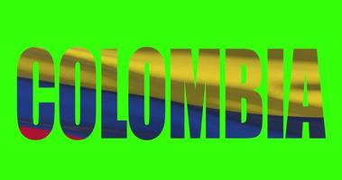 Colombia país letras palabra texto con bandera ondulación animación en verde pantalla 4k croma llave antecedentes video