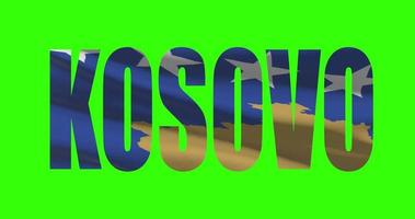 Kosovo country lettering word text with flag waving animation on green screen 4K. Chroma key background video