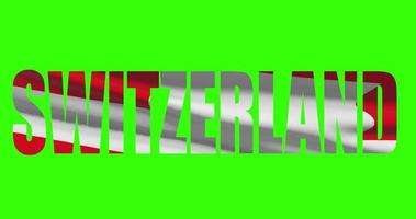 Zwitserland land belettering woord tekst met vlag golvend animatie Aan groen scherm 4k. chroma sleutel achtergrond video