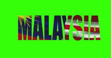 Malaysia country lettering word text with flag waving animation on green screen 4K. Chroma key background video