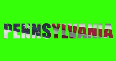 Pennsylvania state name on green screen animation. USA state flag waving video