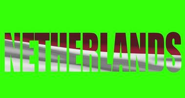 Netherlands country lettering word text with flag waving animation on green screen 4K. Chroma key background video