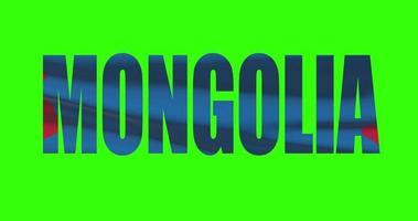 Mongolia nazione lettering parola testo con bandiera agitando animazione su verde schermo 4k. croma chiave sfondo video