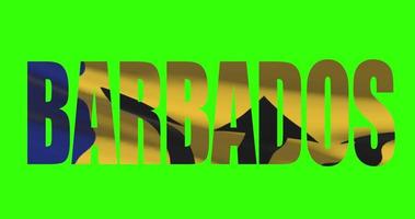 barbados país letras palavra texto com bandeira acenando animação em verde tela 4k. croma chave fundo video