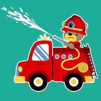 vector cartoon of funny bear on firetruck spraying water