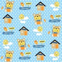 vector cartoon seamless pattern of cute bear fishing with fish in the swamp, sun on clouds with house on footpath background