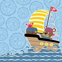 Cute bear with crab on sailboat with treasure chest, vector cartoon illustration