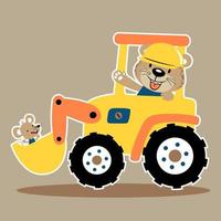 vector cartoon of funny leopard with mice on construction vehicle