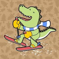 Cute dinosaur play ski on pine trees background pattern, vector cartoon illustration