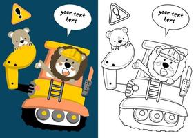 Vector cartoon of funny lion with it cub on construction vehicle. Coloring page or book