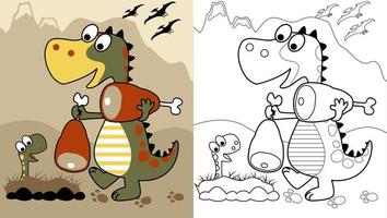Funny dinosaur carrying meat for it cub, vector cartoon, coloring page or book