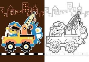 Cute bear driving a tow truck towing broken car, vector cartoon illustration. Coloring page or book