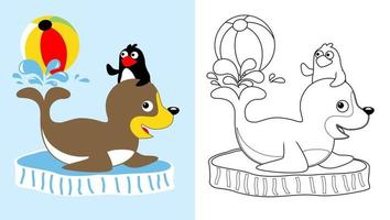 Cute seal with penguin playing ball on ice chunk, vector cartoon, coloring page or book